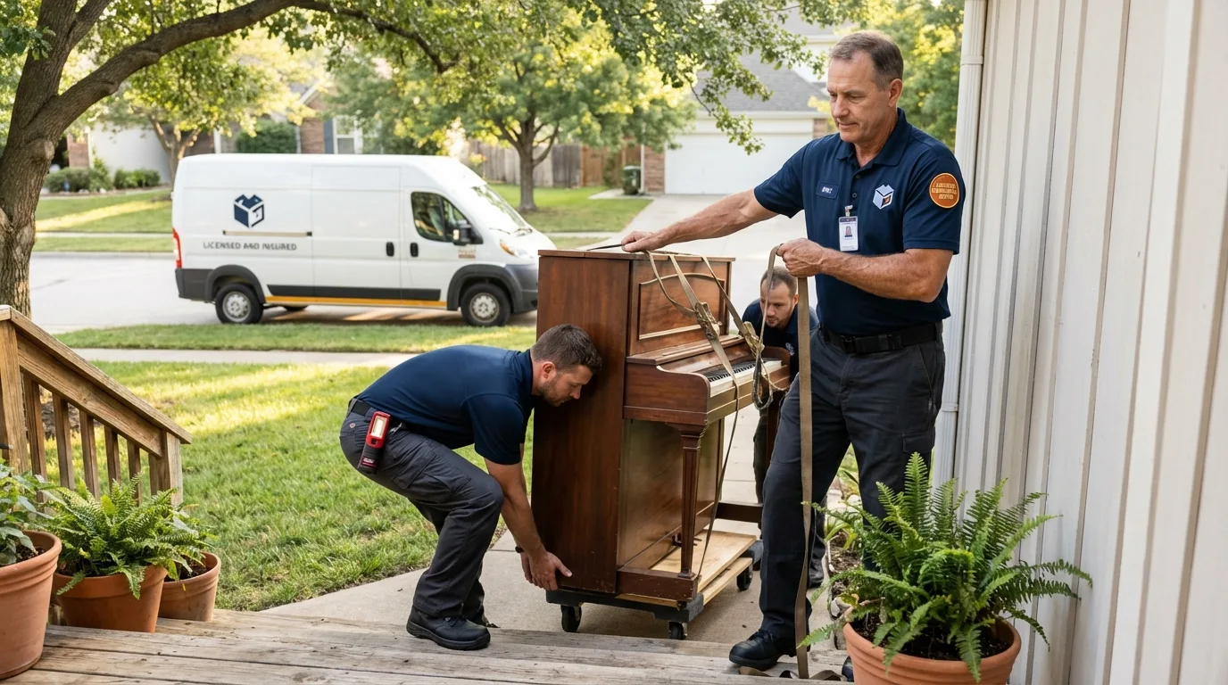 Licensed piano movers securing grand piano in Carrollton, KY