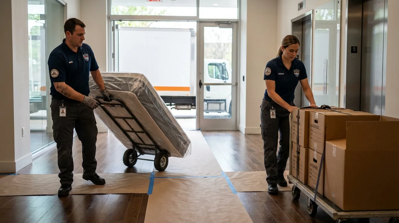 Professional apartment movers loading elevator in Carrollton, KY