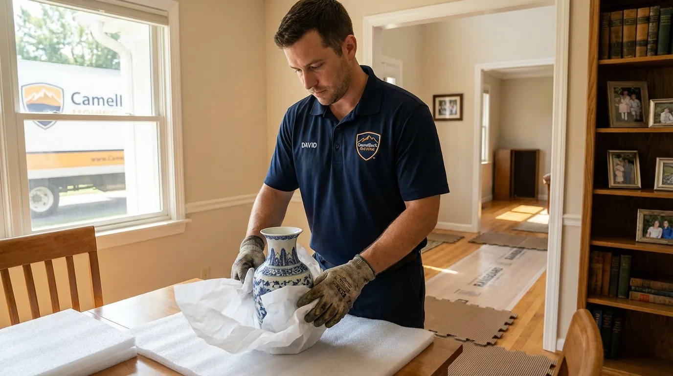 Professional crew carefully wrapping antique vase for senior downsizing move in Carrollton, KY